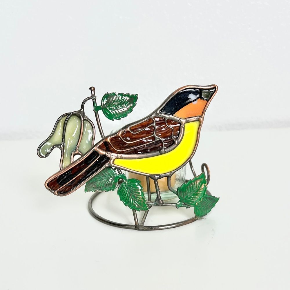 Vintage Stained Glass Yellow and Brown Bird Ornament Candle Holder